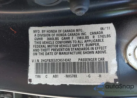 2012 Honda Civic Lx из США, поврежденный, VIN 2HGFB2E52CH514342